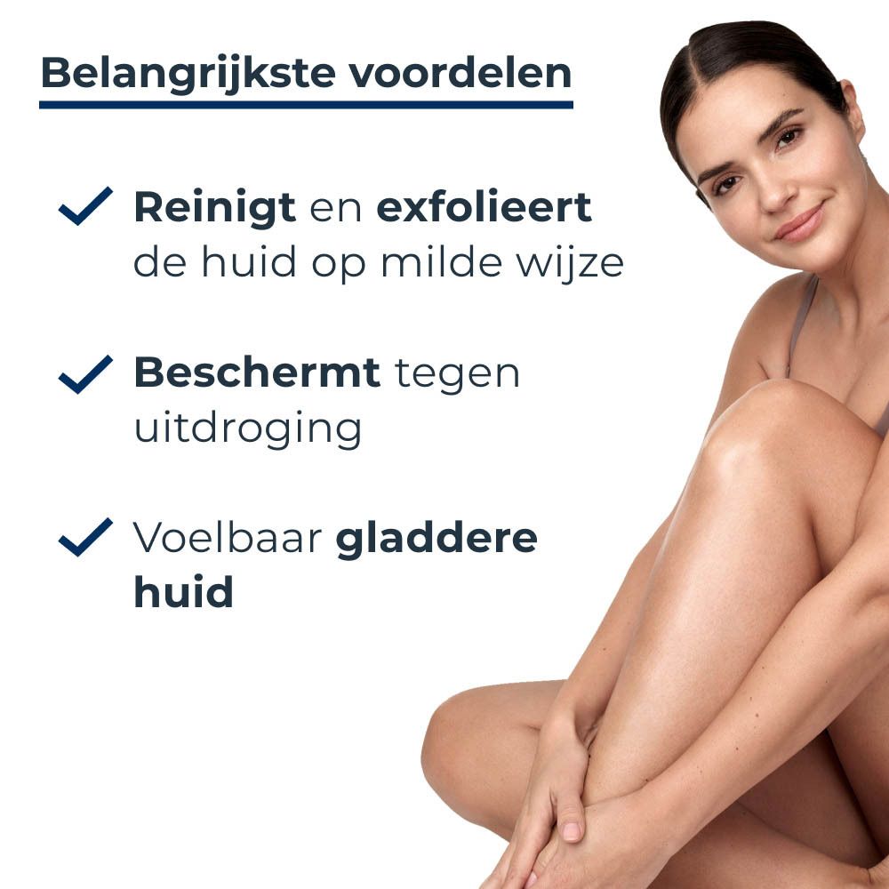 Vrouw met gladde huid, belangrijkste voordelen: reinigt, beschermt tegen uitdroging, gladdere huid.
