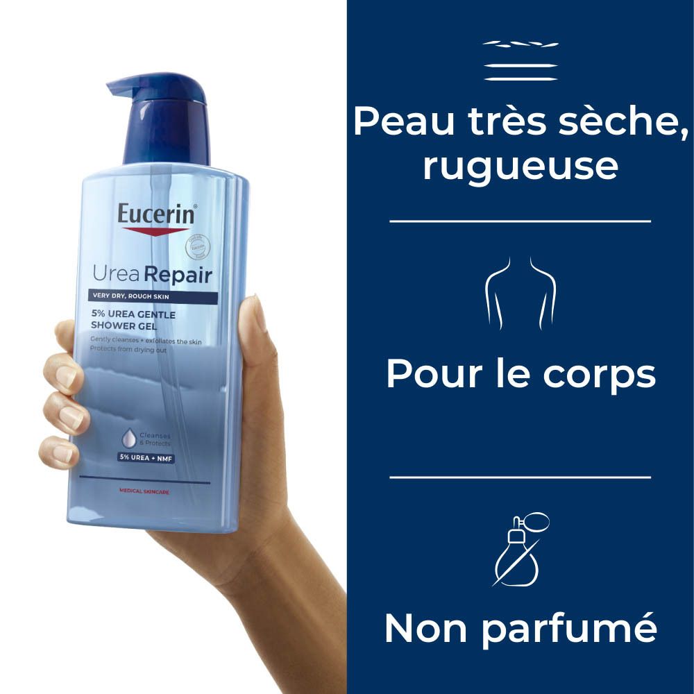 Main tenant un flacon de Gel Lavant Eucerin UreaRepair 5% Urée, pour peau très sèche, non parfumé.