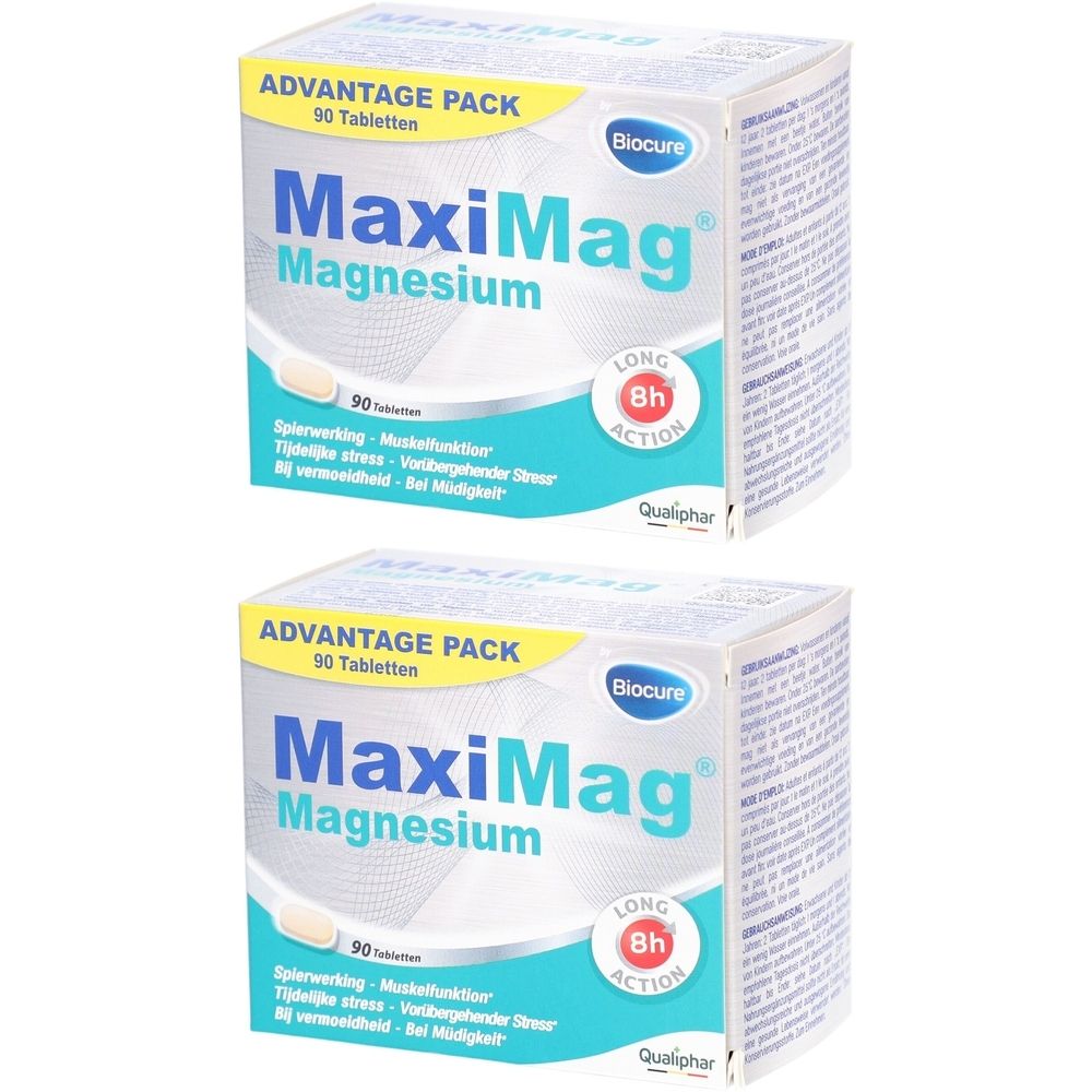 Deux boîtes de MaxiMag Magnesium. Boîtes blanches avec texte bleu et jaune. Contient 90 comprimés. Logo Biocure.