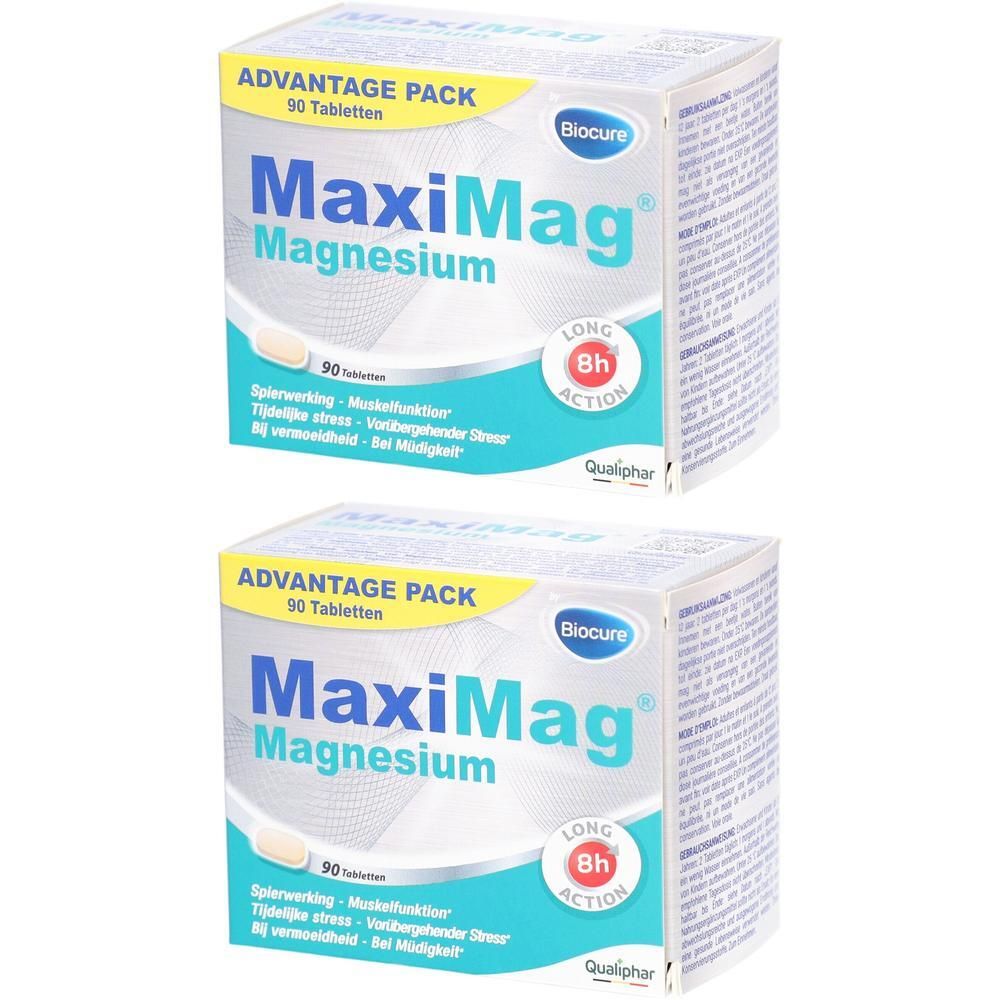 Deux boîtes de MaxiMag Magnesium. Boîtes blanches avec texte bleu-vert. Inscription: Advantage Pack, 90 comprimés, Biocure.