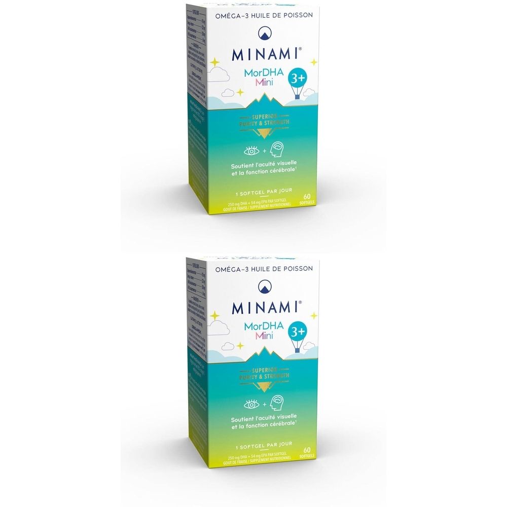 Twee dozen Minami MorDHA Mini. Opschrift: Omega-3 visolie, 3+. Bevat 60 capsules. Ondersteunt de visuele en hersenfunctie.