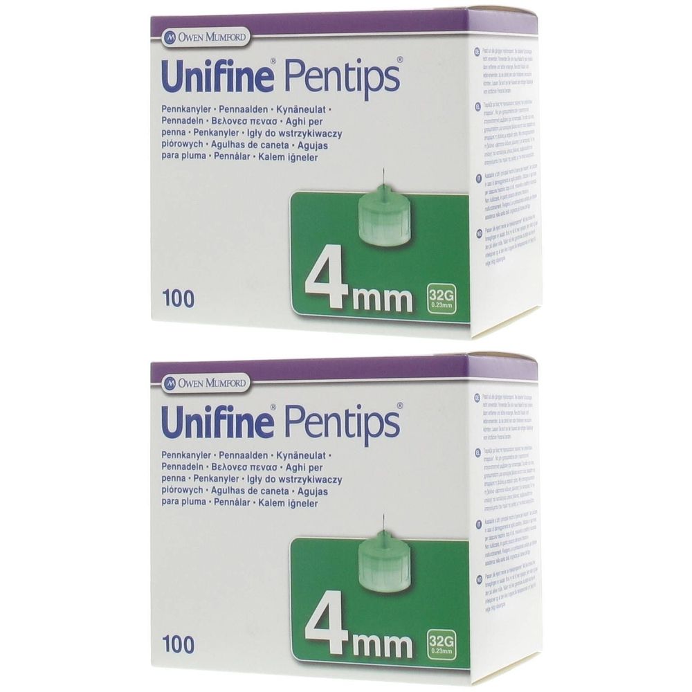 Twee dozen Unifine Pentips. Opschrift: 4mm, 32G, 100 stuks. Groen-witte naalden. Paars-witte verpakking.