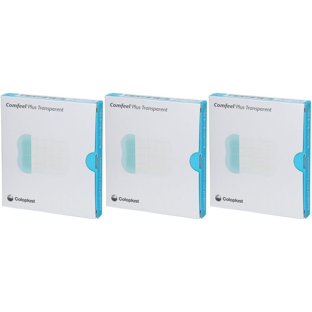 Drie verpakkingen Comfeel Plus Transparent. Witte verpakking met blauwe accenten en productnaam. Coloplast logo linksonder.