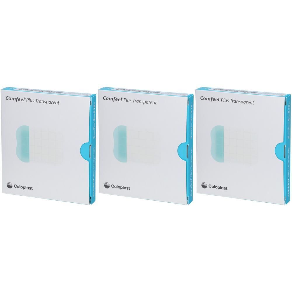 Drie dozen Coloplast Comfeel Plus Transparent. Witte verpakking met blauwe accenten. Productnaam en logo zichtbaar.