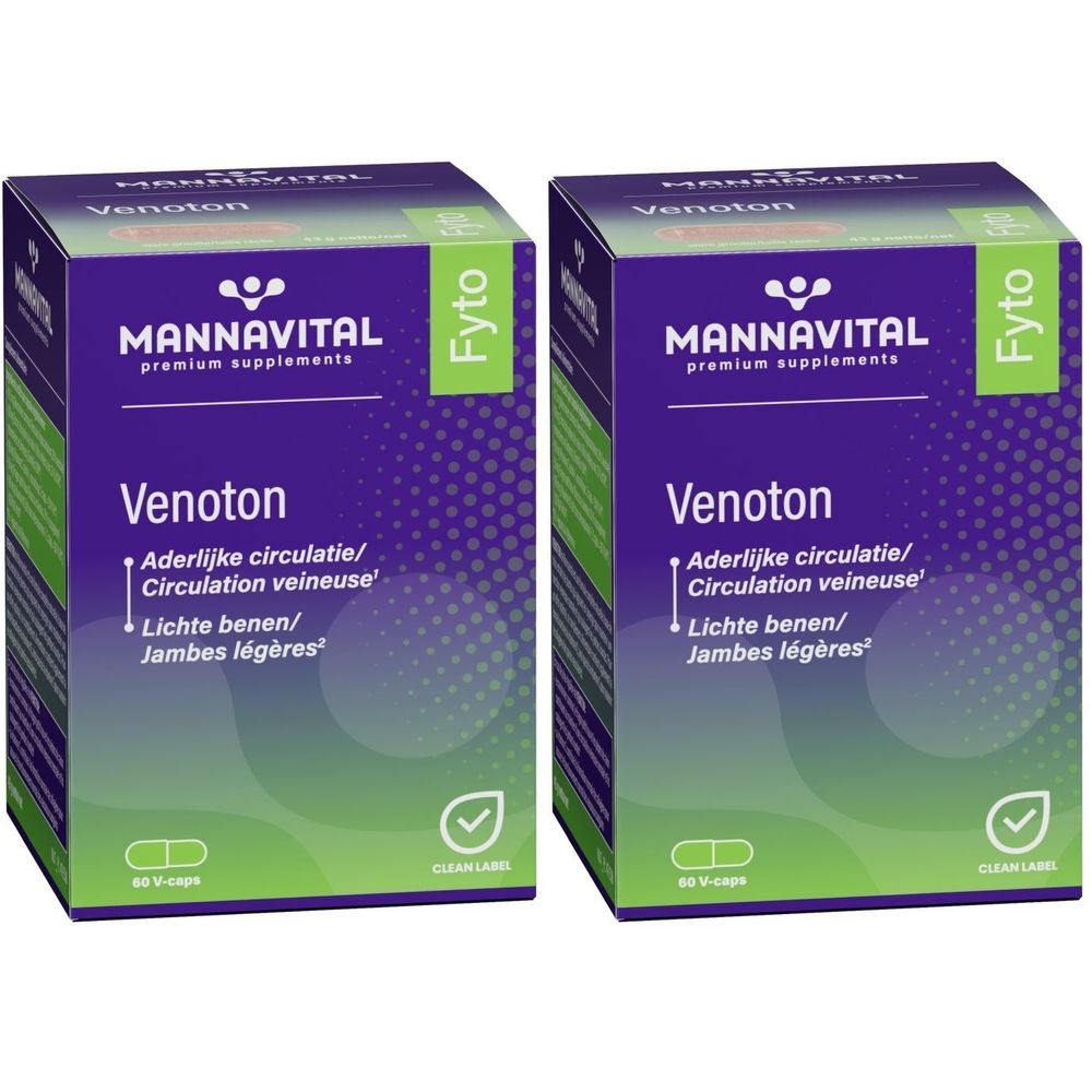 Deux boîtes de Mannavital Venoton. Emballage violet et vert avec nom du produit et informations. Inscription: Aderlijke circulatie/Circulation veineuse.