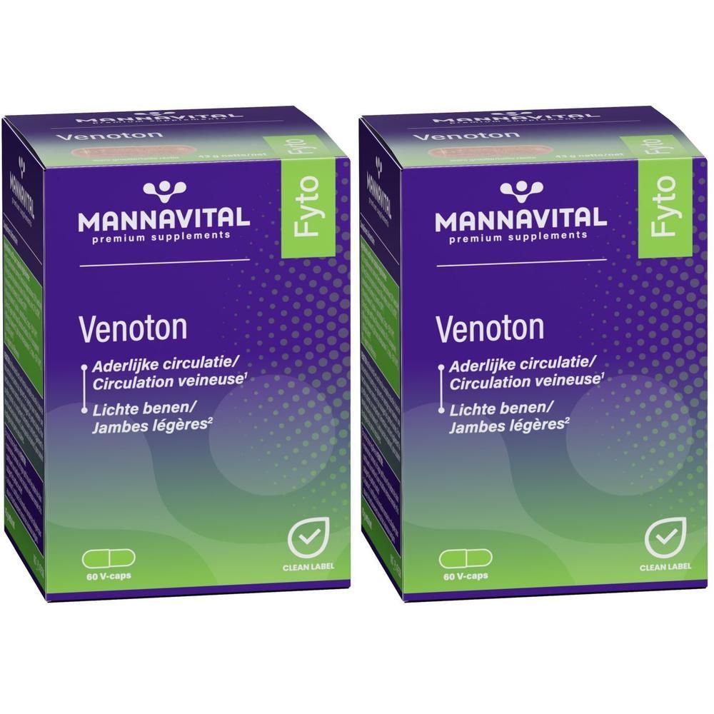 Twee dozen Mannavital Venoton. Paarse en groene verpakking met productnaam en logo. Bevat 60 capsules.