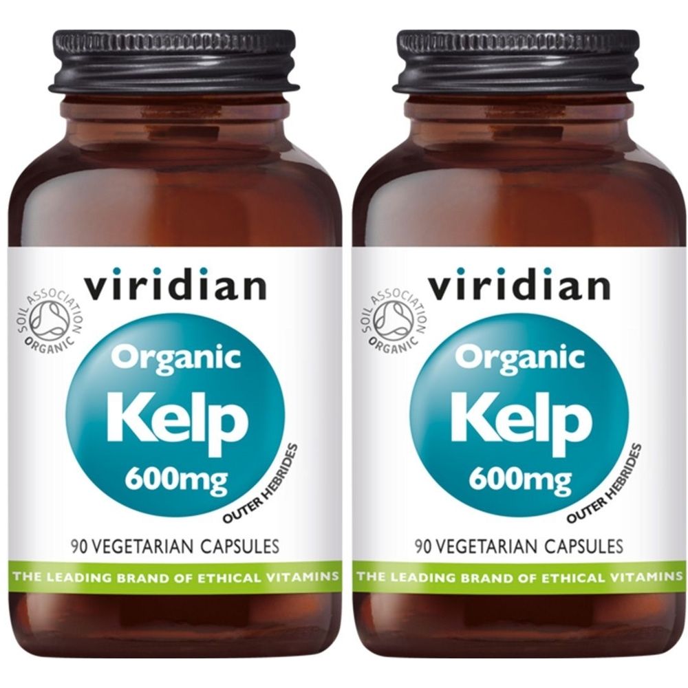 Deux flacons en verre brun avec des couvercles noirs. Les étiquettes indiquent "Viridian Organic Kelp 600mg". Contient 90 gélules végétariennes.