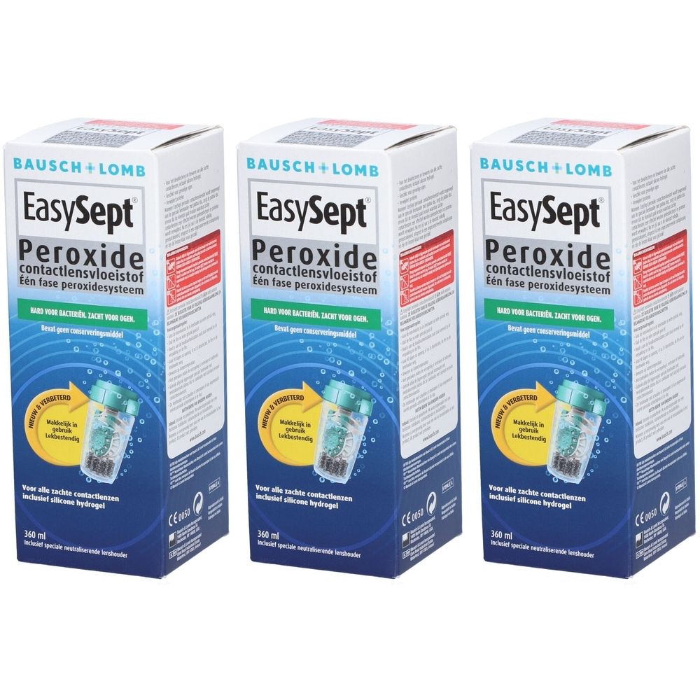 Drie dozen EasySept Peroxide contactlensvloeistof. Blauw-witte verpakking met productnaam en logo.