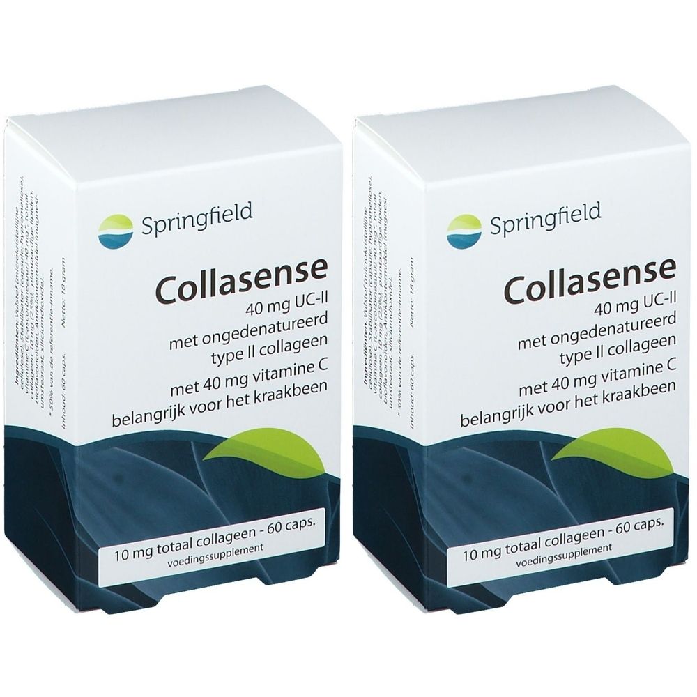 Twee witte dozen met productinformatie. Opschrift: Springfield Collasense, 40 mg UC-II, 10 mg collageen, 60 capsules.