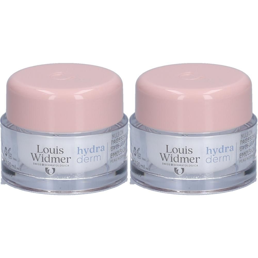 Deux pots de crème Louis Widmer hydra derm. Récipients en verre avec couvercles roses. Inscription: hydra derm, Louis Widmer.