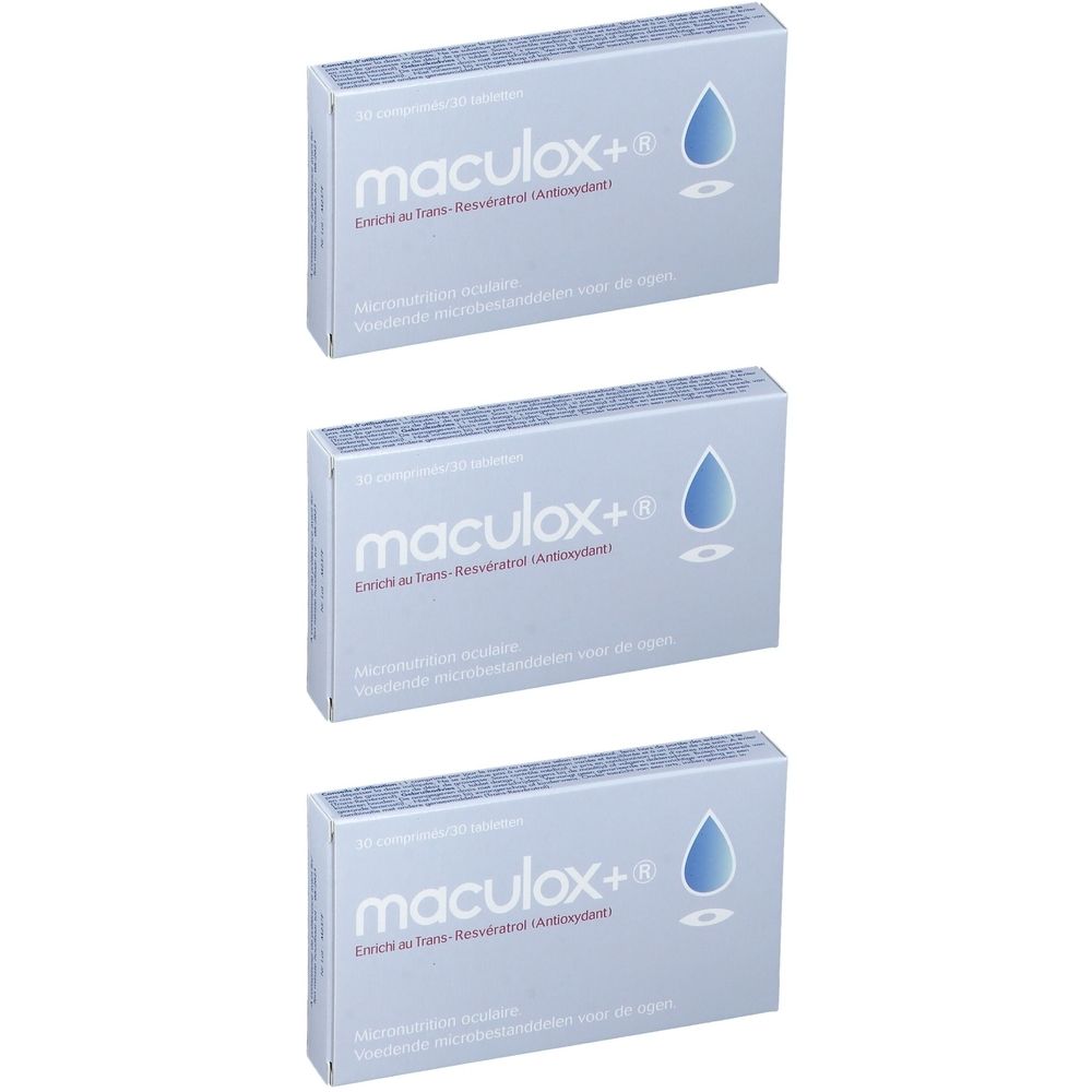 Drie dozen met "maculox+". Elke doos heeft een druppelsymbool. Tekst in het Duits en Nederlands.