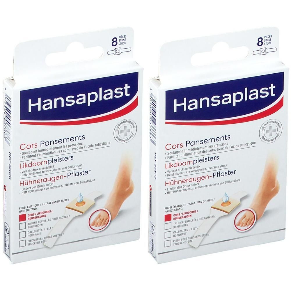 Twee dozen Hansaplast Cors Pansements. Witte verpakking met productafbeelding en logo. Bevat 8 stuks.