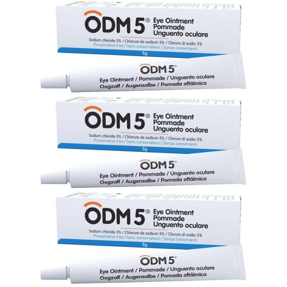 Meerdere tubes en dozen ODM5® oogzalf. Opschrift: Eye Ointment, Pommade, Unguento oculare. 5g.