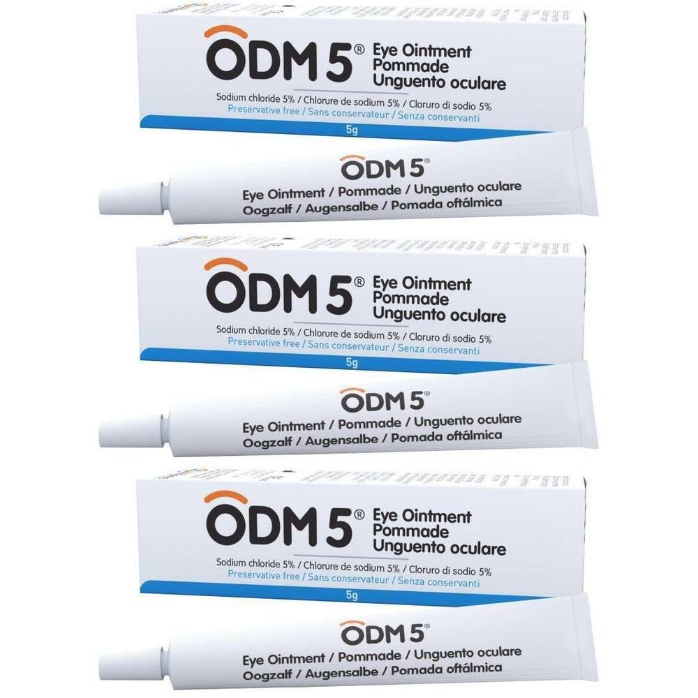 Meerdere tubes en dozen ODM5® oogzalf. Witte tubes met blauwe tekst, in witte dozen. Tekst: Eye Ointment, 5g.