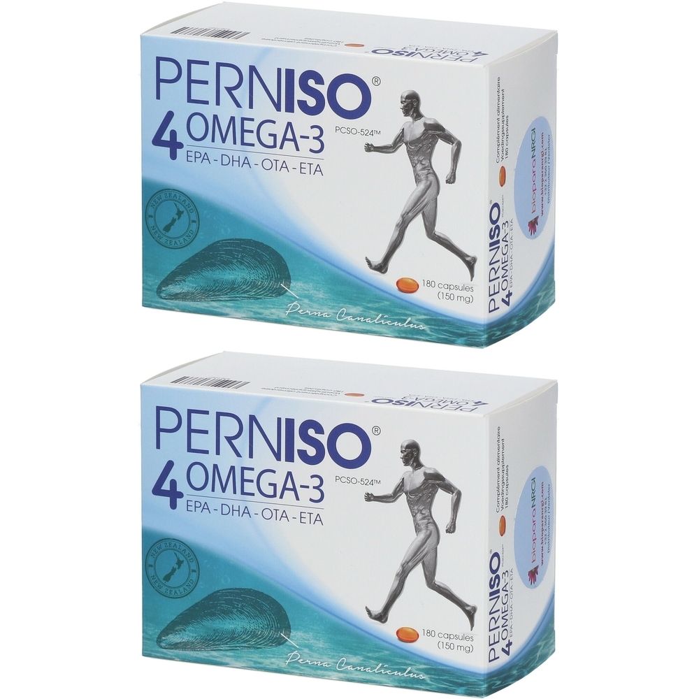 Deux boîtes de Perniso 4 Omega-3. Inscription : EPA-DHA-OTA-ETA. Illustration d'un homme en mouvement. Emballage bleu et blanc.