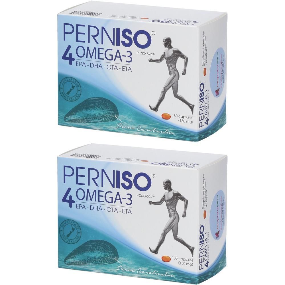 Twee dozen Perniso 4 Omega-3. Opschrift: PCSO-524, EPA-DHA-OTA-ETA. Illustratie van een man.