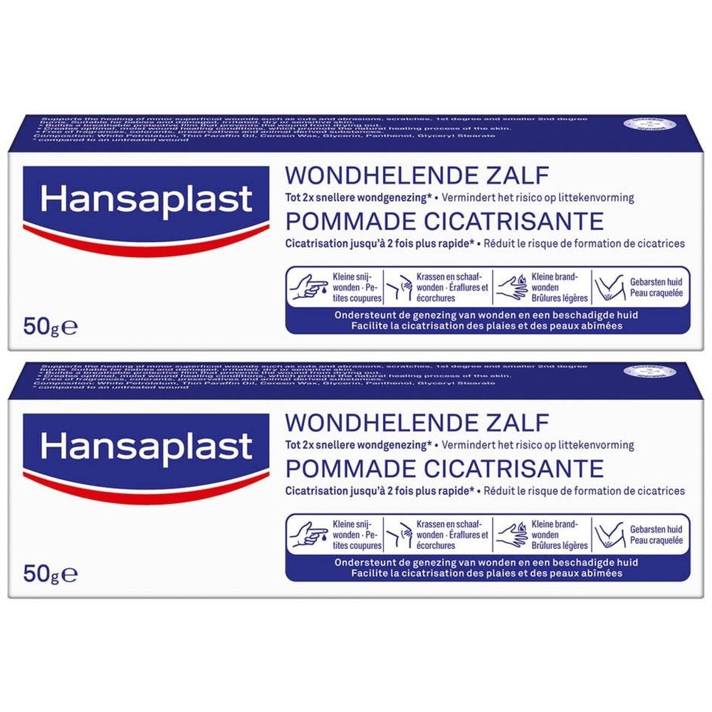 Deux boîtes de pommade cicatrisante Hansaplast. Emballage bleu et blanc. Texte: Pommade cicatrisante, 50g.