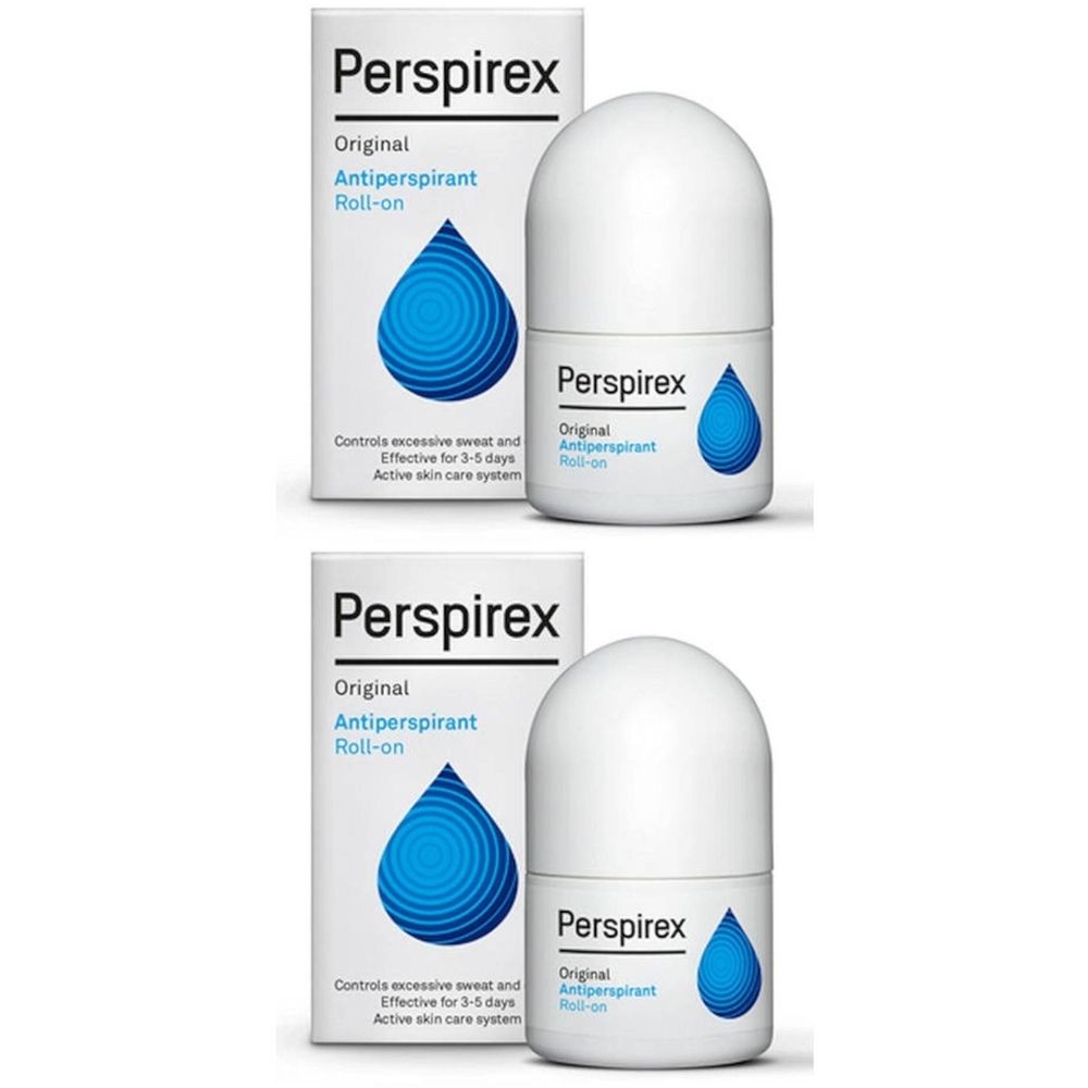 Twee witte roll-on deodorants met verpakking. Opschrift: Perspirex Original Antiperspirant Roll-on. Blauwe druppelgrafiek.