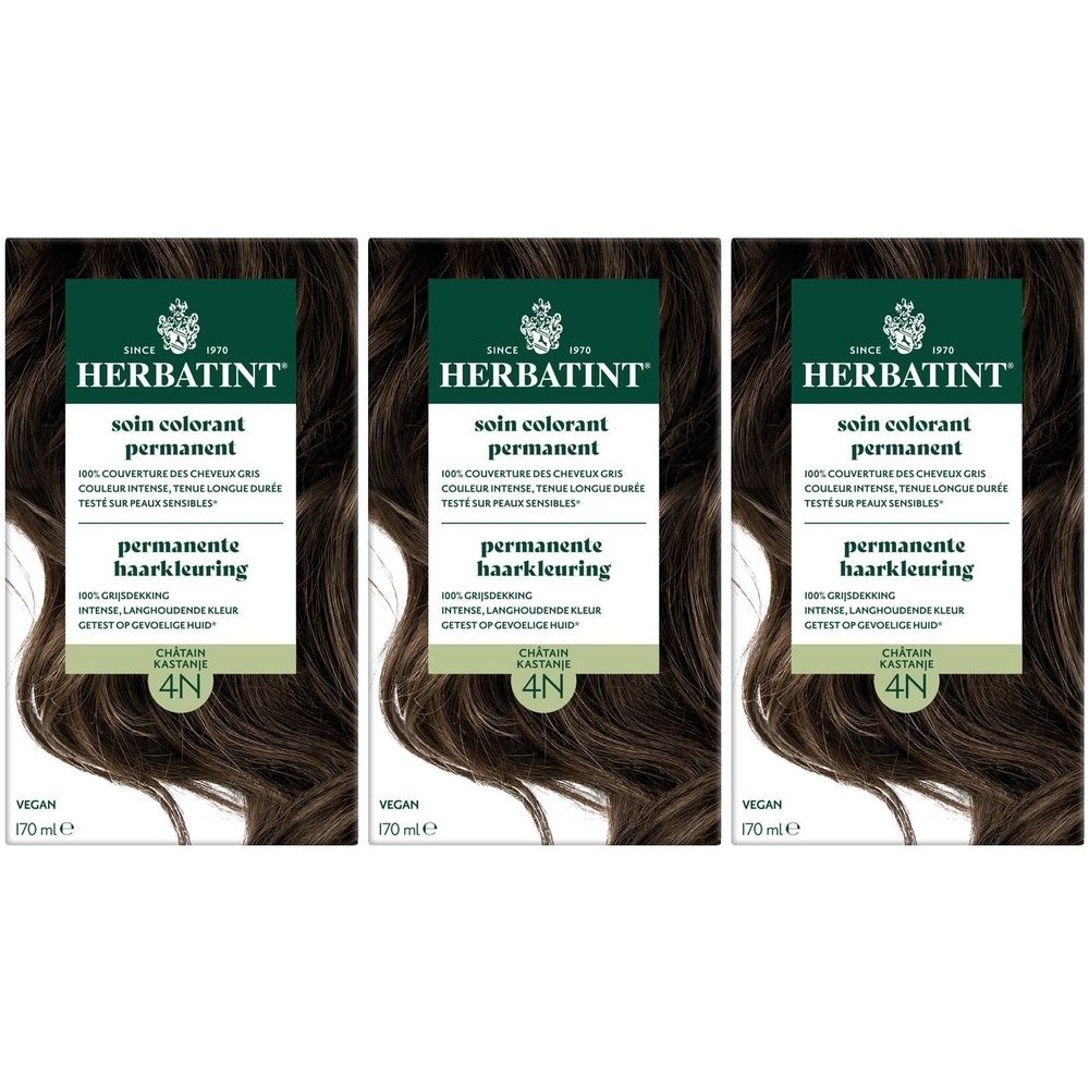 Trois boîtes de Herbatint Soin Colorant Permanent 4N Châtain. Inscriptions: permanente haarkleuring, 4N, Vegan, 170 ml.