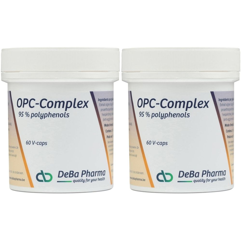 Twee witte potten met de tekst OPC-Complex, 95% polyfenolen en 60 V-capsules. DeBa Pharma logo.