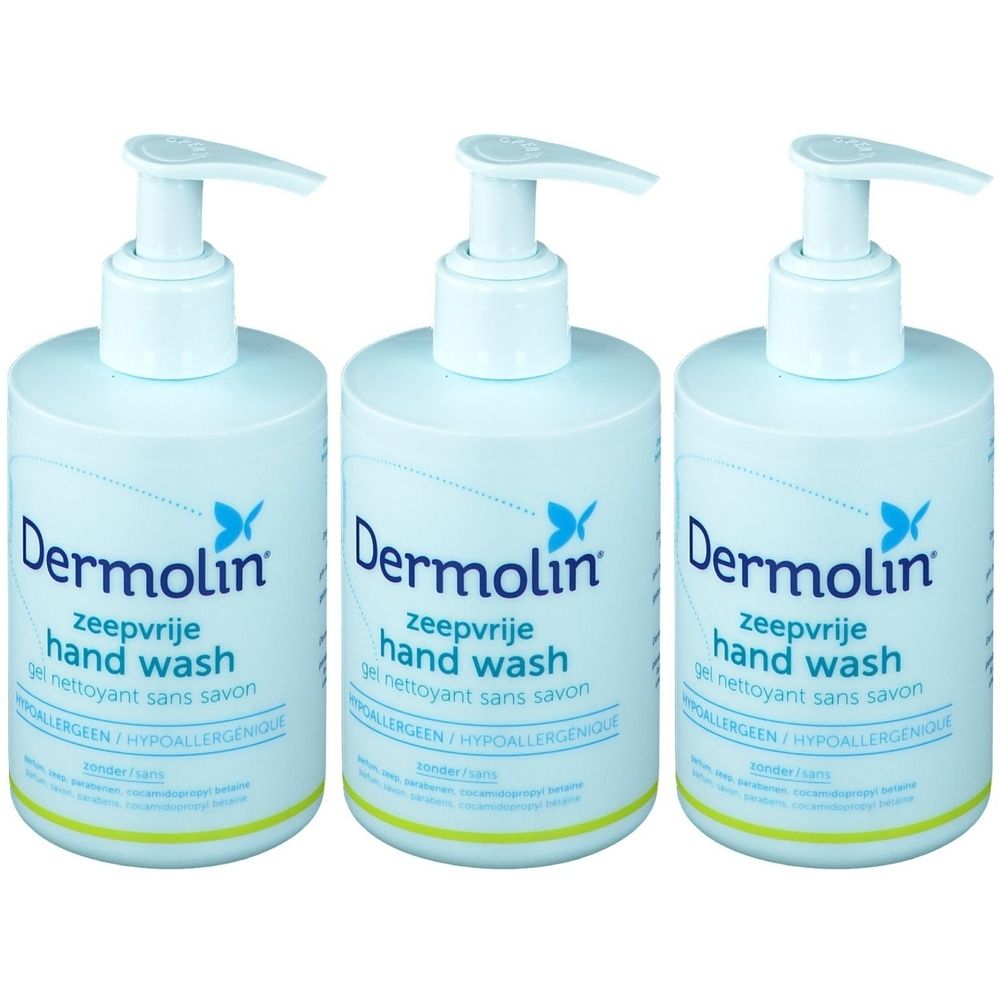 Drie flessen Dermolin Hand Wash. Lichtblauwe flessen met pomp. Tekst: zeepvrije hand wash, gel nettoyant sans savon.