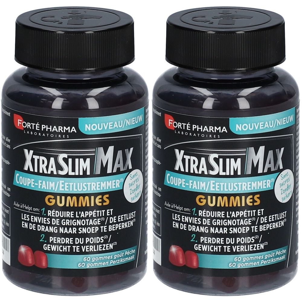 Deux flacons de Forté Pharma XtraSlim Max Gummies. Flacons noirs avec bouchons noirs. Inscription : XtraSlim Max, Coupe-Faim/Eetlustremmer.