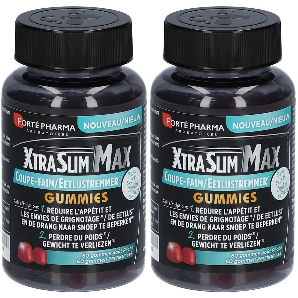 Twee flessen FORTE PHARMA Xtra Slim Max Coupe-Faim Gummibärchen. Zwarte doppen, etiketten met informatie. 60 gummies per fles.