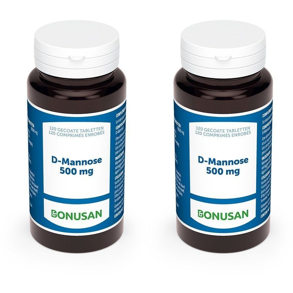 Twee flessen met witte doppen. Op het etiket staat "D-Mannose 500 mg" en "BONUSAN".