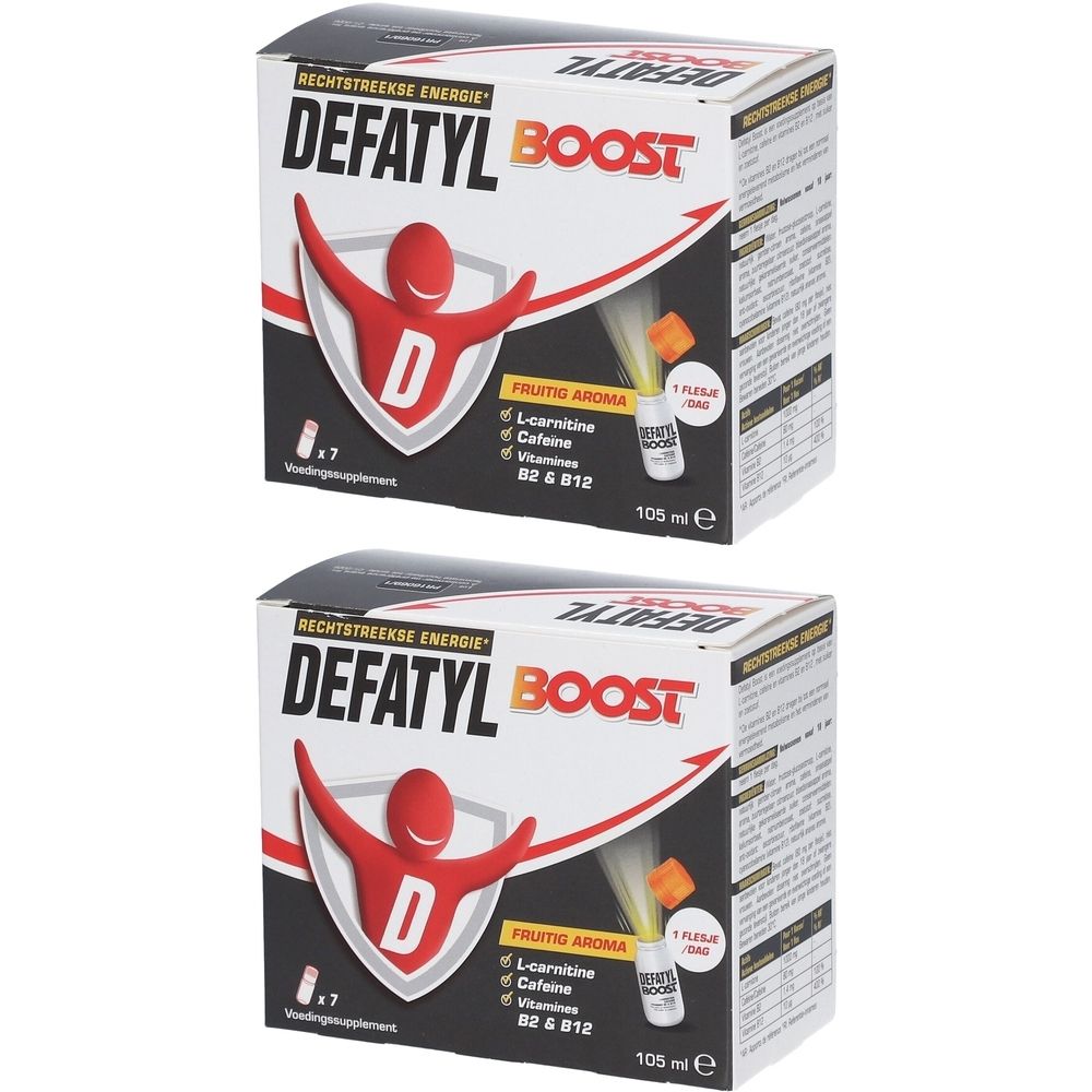 Deux boîtes de Defatyl Boost. Inscription : Defatyl Boost, arôme fruité, L-carnitine, caféine, vitamines B2 & B12. 105 ml.