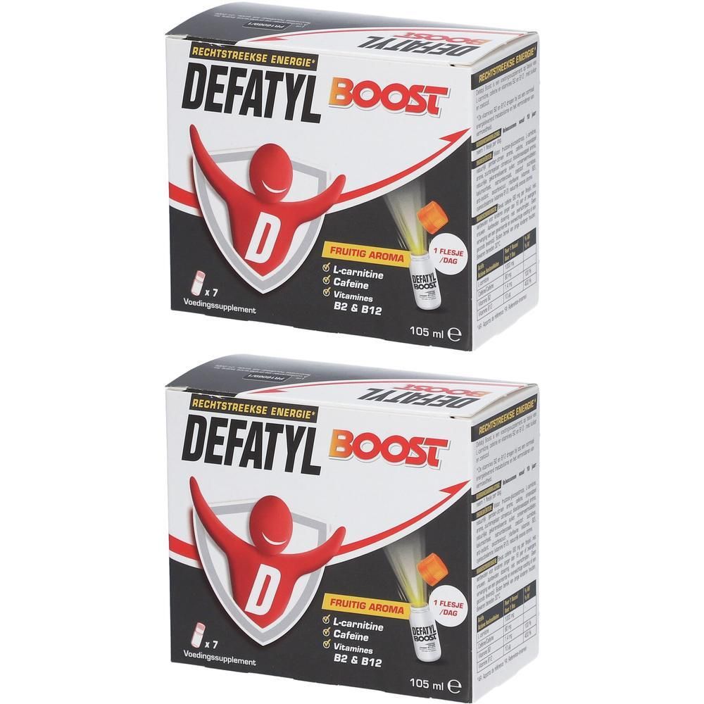 Twee dozen Defatyl-Boost. Opschrift: "Rechtstreekse Energie". Bevat L-Carnitine, cafeïne, vitamines B2 & B12. 105 ml.