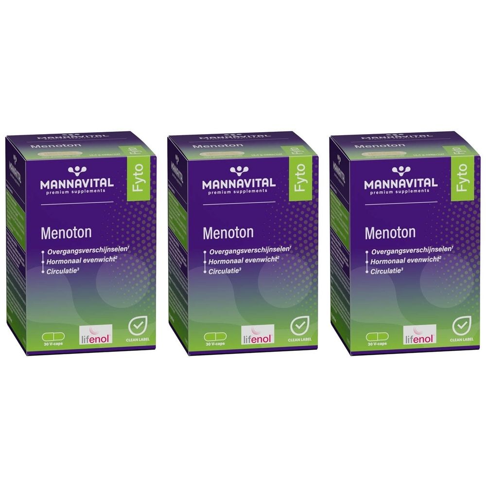 Trois boîtes de Mannavital Menoton. Emballage violet et vert avec nom du produit et logos. Texte: Overgangsverschijnselen, Hormonaal evenwicht, Circulatie.