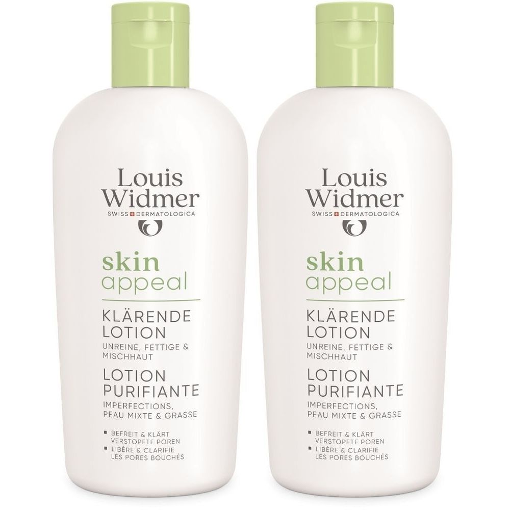 Deux flacons blancs à bouchon vert. Inscription: Louis Widmer Skin Appeal Lotion Purifiante. Texte en allemand et français.