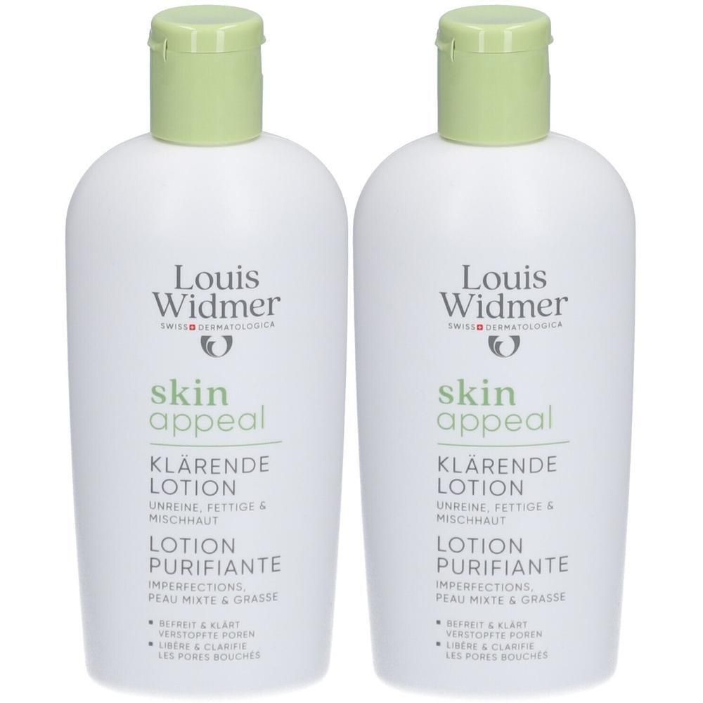 Twee witte flessen met groene dop. Opschrift: Louis Widmer, Skin Appeal Lotion Purifiante.