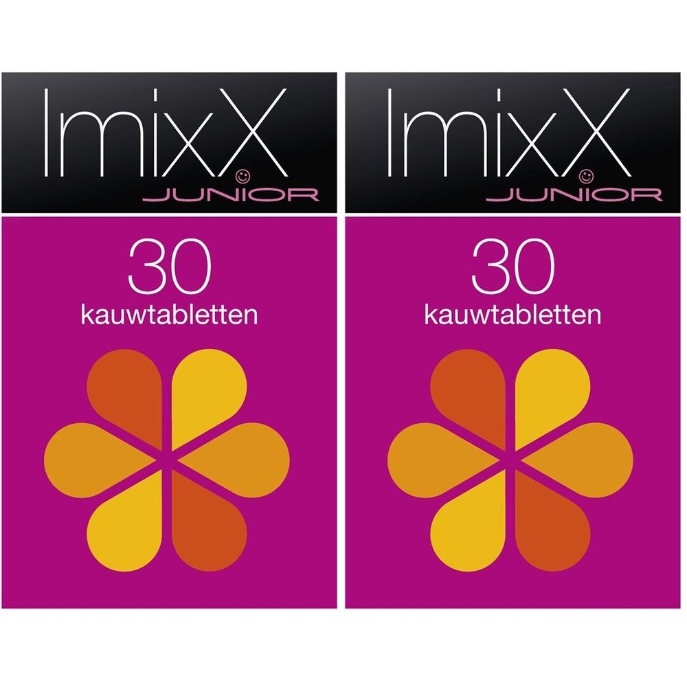 Twee verpakkingen ImixX Junior, 30 kauwtabletten. Paarse verpakking met logo en bloemmotief.