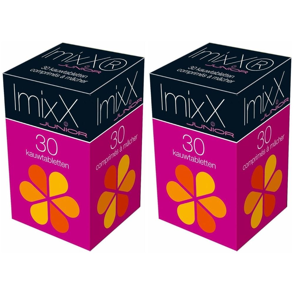 Twee vierkante dozen IMIXX JUNIOR®, 30 kauwtabletten. Roze verpakking met bloemmotief.