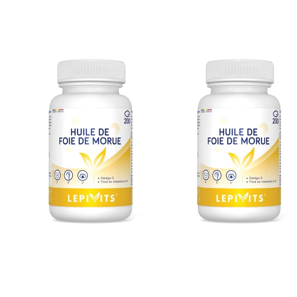 Deux flacons blancs avec bouchon à vis. Inscription : HUILE DE FOIE DE MORUE, LEPIVITS. Logo jaune. 200 gélules.