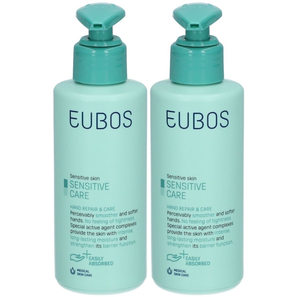 Twee flessen Eubos Sensitive Hand Repair & Care. Lichtgroene flessen met turquoise pompen. Opschrift: EUBOS, Sensitive Care.