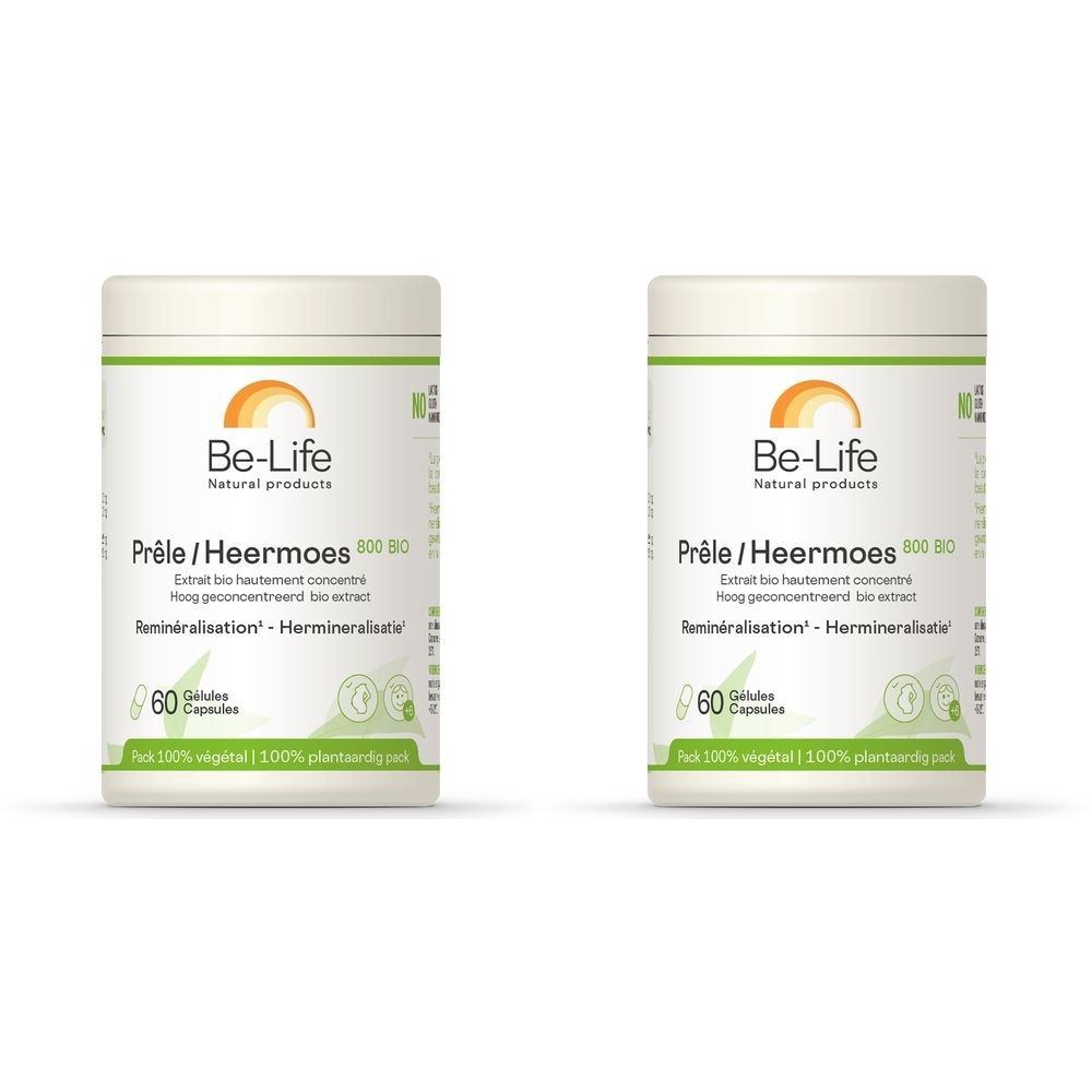 Twee witte potten met etiketten. Opschrift: Be-Life, Prêle/Heermoes, 60 capsules. Bio-certificering.