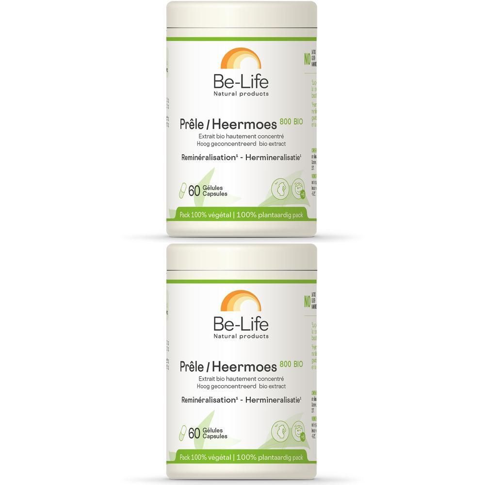 Twee witte potten met groene en oranje belettering. Opschrift: Be-Life, Prêle/Heermoes, 60 capsules, Bio.
