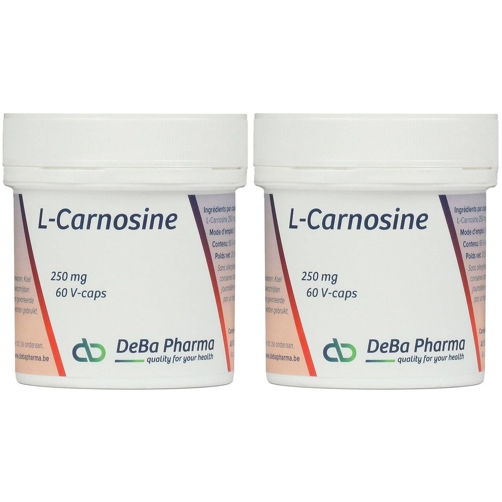 Twee witte potten met de tekst "L-Carnosine 250 mg 60 V-caps". Logo DeBa Pharma. Tekst "quality for your health".