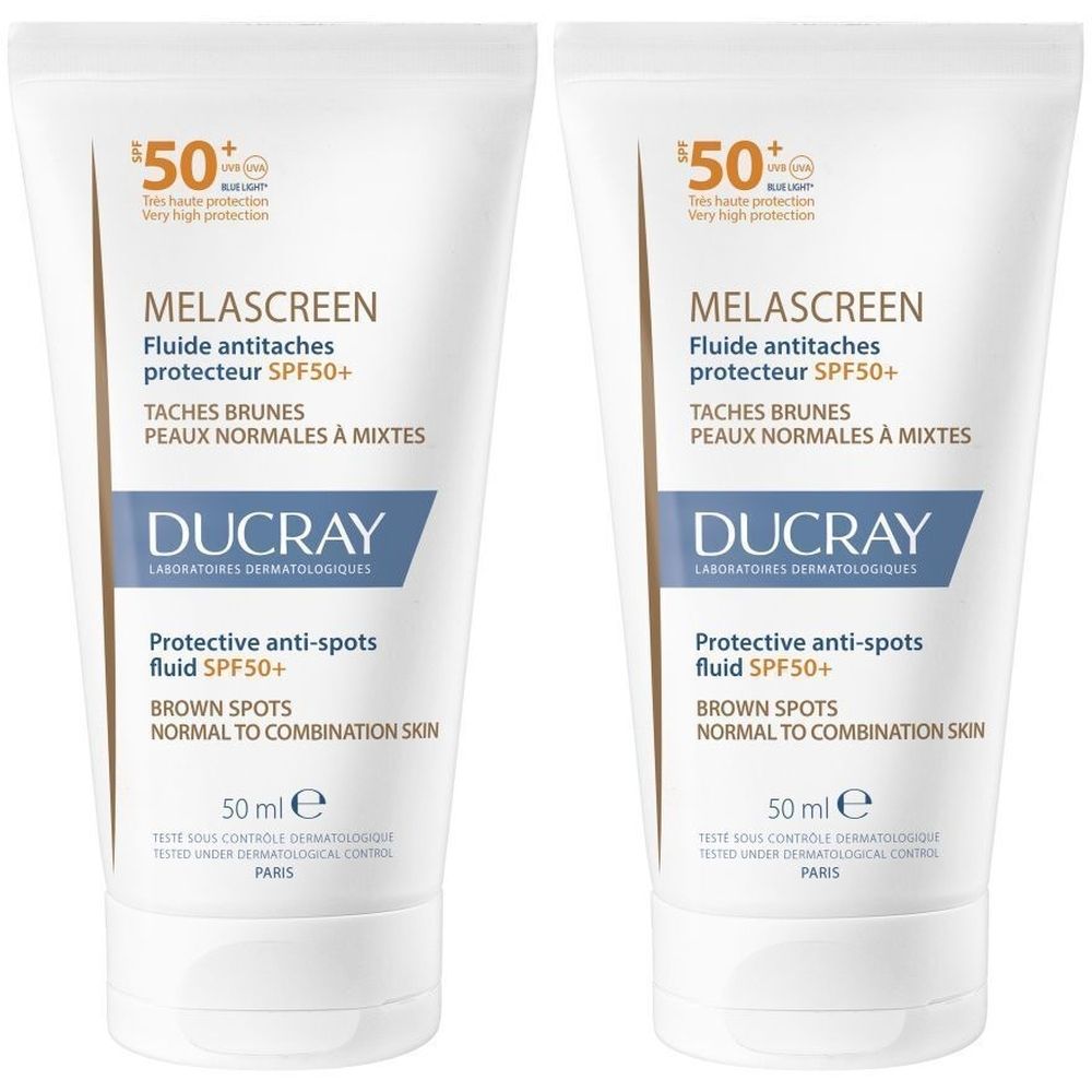 Deux tubes blancs MELASCREEN SPF50+ Ducray. Pour peaux normales à mixtes. 50 ml. Protection solaire.