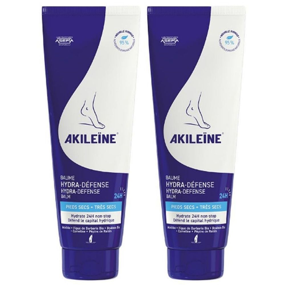 Deux tubes de Akileine® Baume-Hydra Défense. Emballage bleu et blanc avec nom du produit, illustration de pied et sceau 95%.