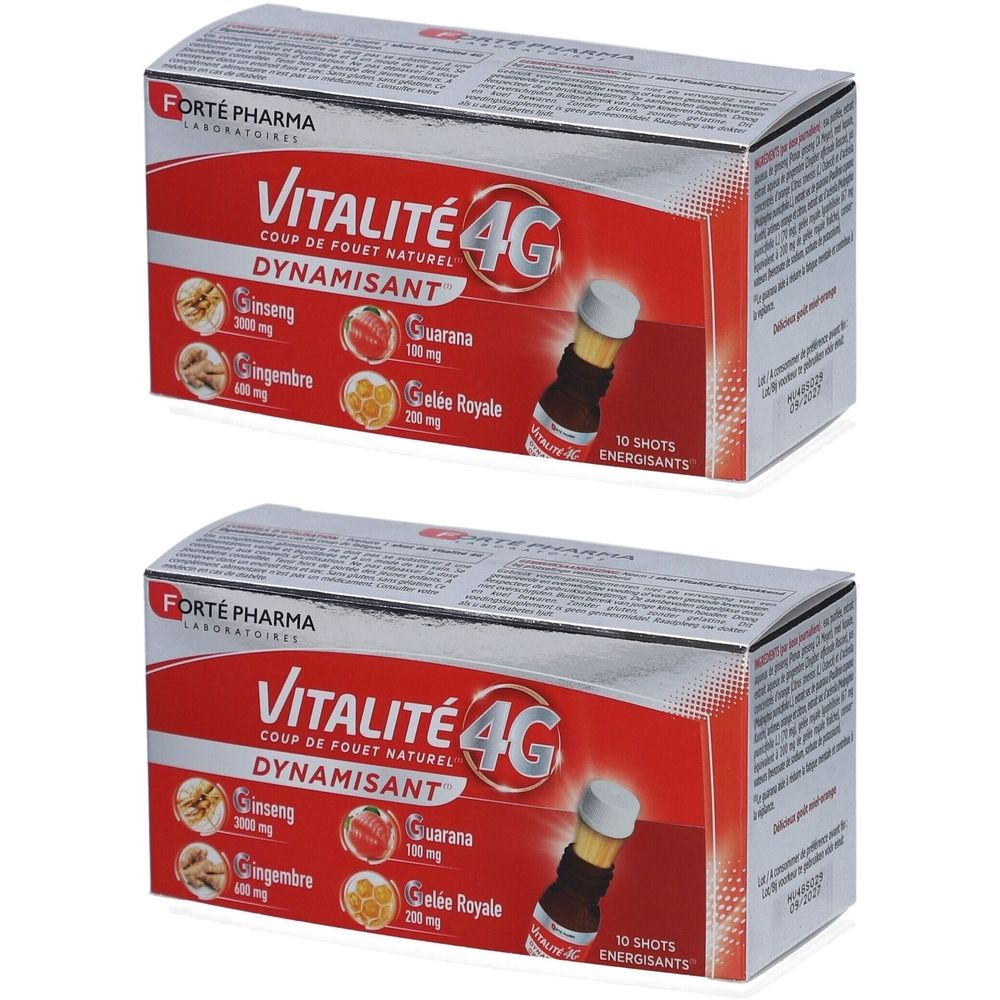 Deux boîtes de Vitalité 4G Dynamisant. Emballage rouge et argenté avec nom du produit et ingrédients. 10 shots.