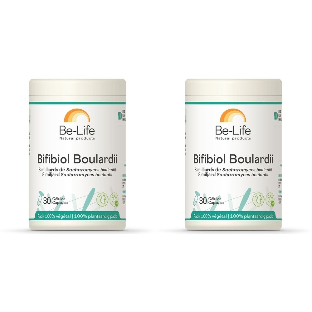 Deux boîtes blanches "Be-Life Bifibiol Boulardii". Inscription : 30 gélules, 100% végétal.