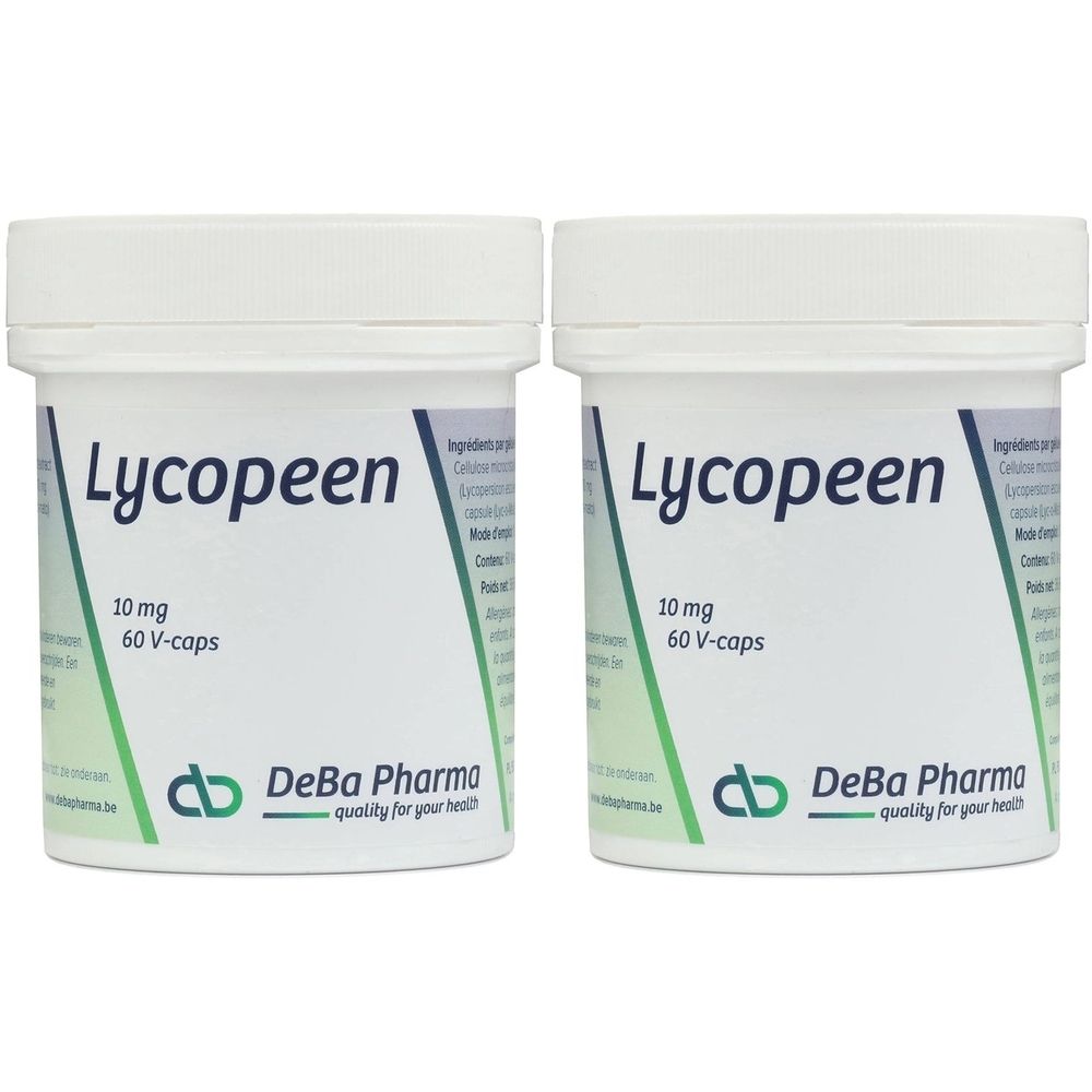 Twee witte potten met deksels. Opschrift "Lycopeen 10 mg 60 V-caps". Logo en tekst "DeBa Pharma quality for your health".