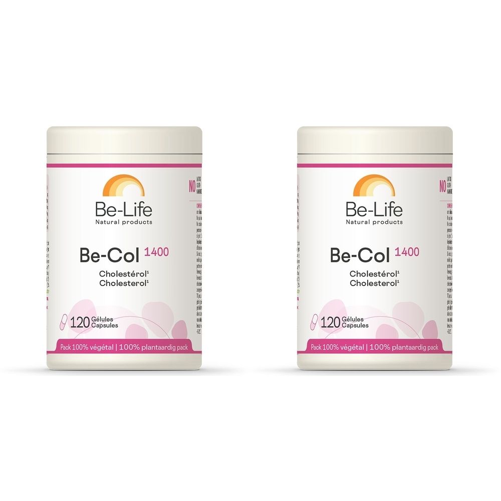 Twee witte potten met roze etiketten. Opschrift: Be-Life, Be-Col 1400, Cholestérol, 120 capsules. Opschrift: 100% plantaardig.