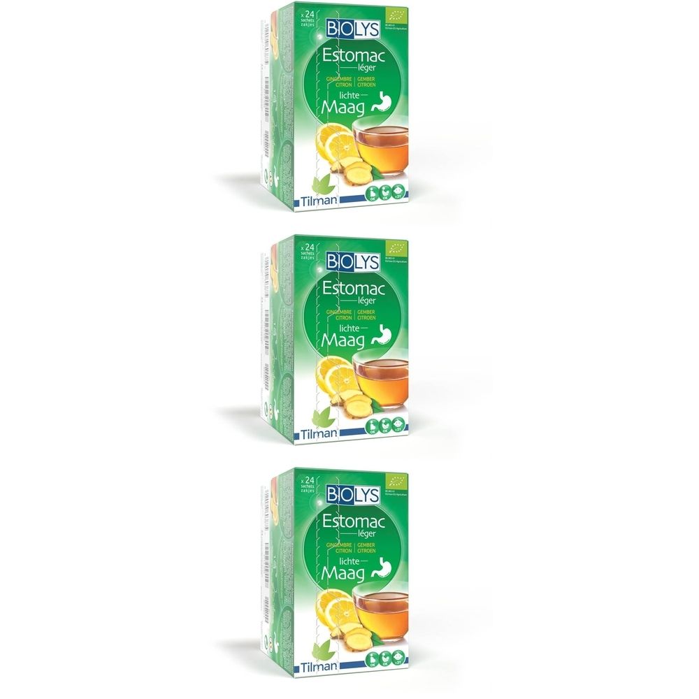 Drie groene verpakkingen van Biolys Estomac. Elke verpakking toont citroen, gember en een kopje thee.