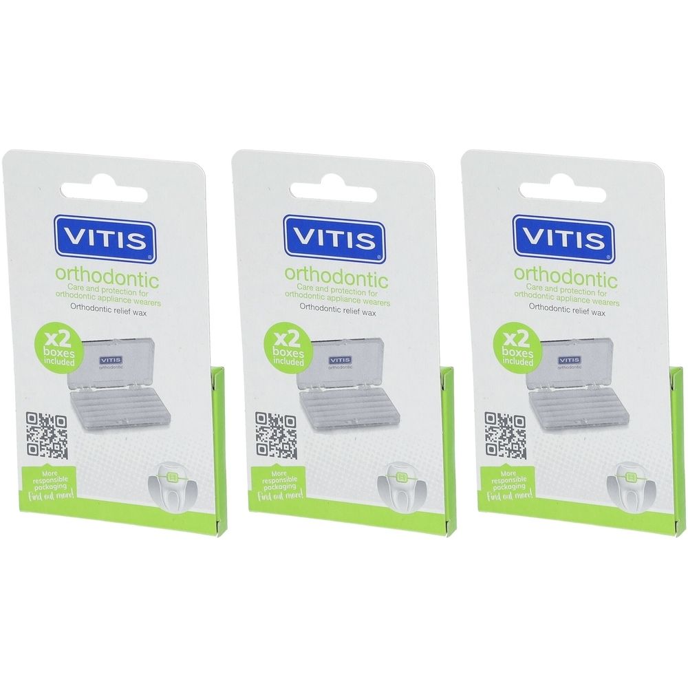Drie verpakkingen Vitis Orthodontic Wax. Elke verpakking bevat twee dozen. Opschrift: Vitis, orthodontic, care and protection for orthodontic appliance wearers.
