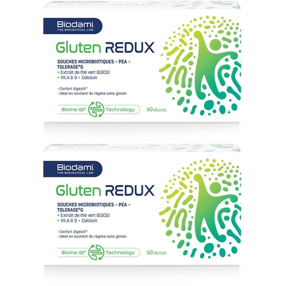 Deux boîtes de Biodami Gluten Redux. Emballage blanc avec éléments verts et bleus. Texte: Gluten Redux, 60 gélules.