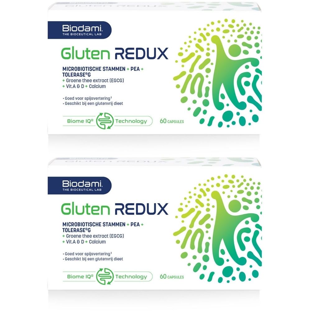 Twee dozen Biodami Gluten Redux. Witte verpakking met groene en blauwe elementen. Tekst: Gluten Redux, 60 capsules.